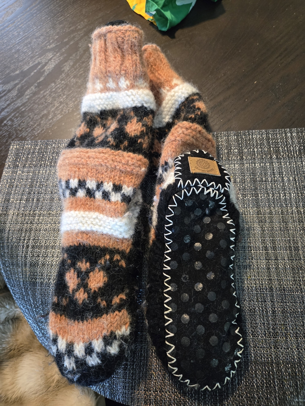Tibetan 100% Wool Knit Slip-On Mittens - Black, Orange & White, XS